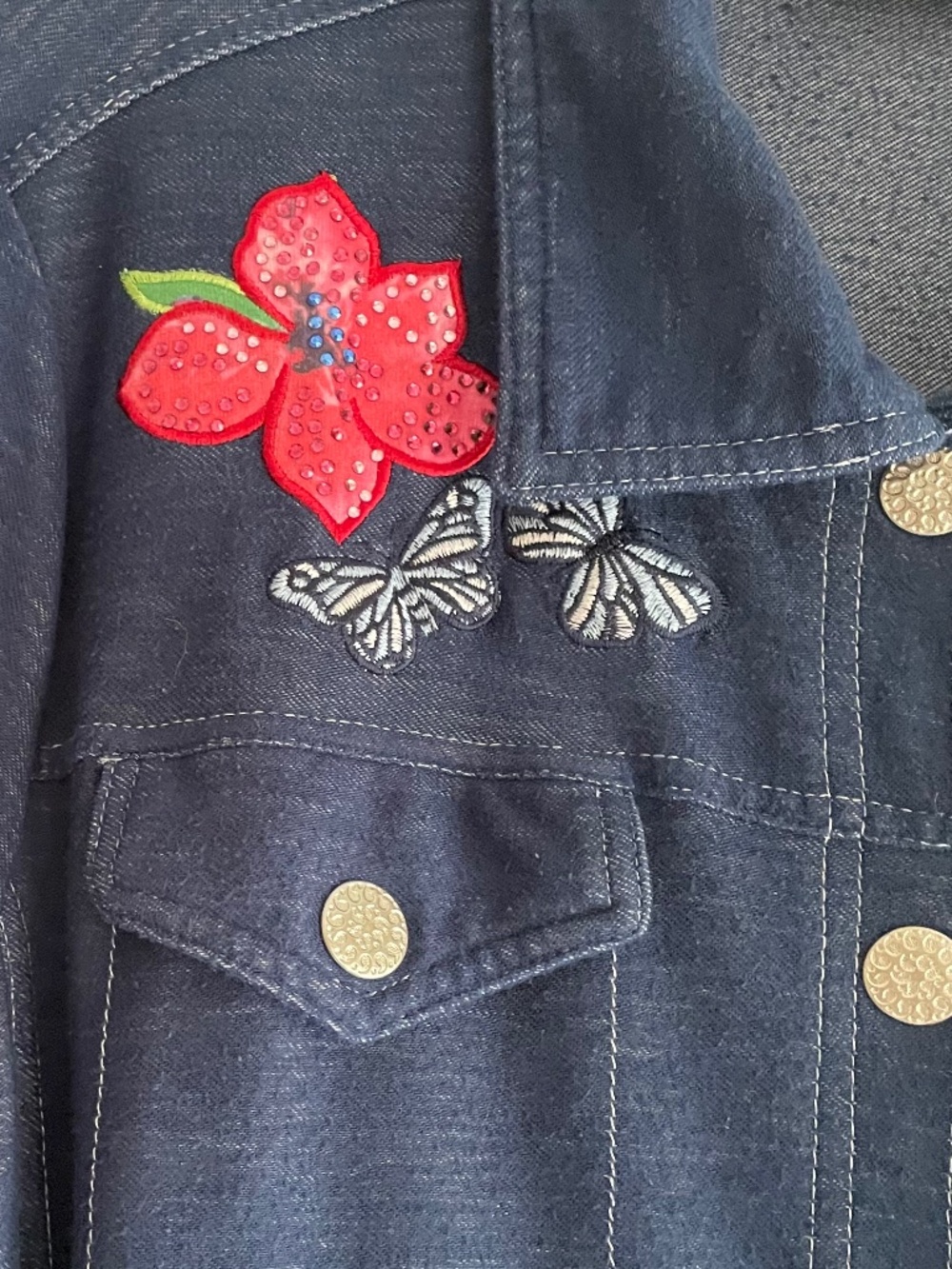 Embroidered Bedazzled Floral and Butterfly Knit "Denim" Granny Jacket– size XL - Picture 3 of 13